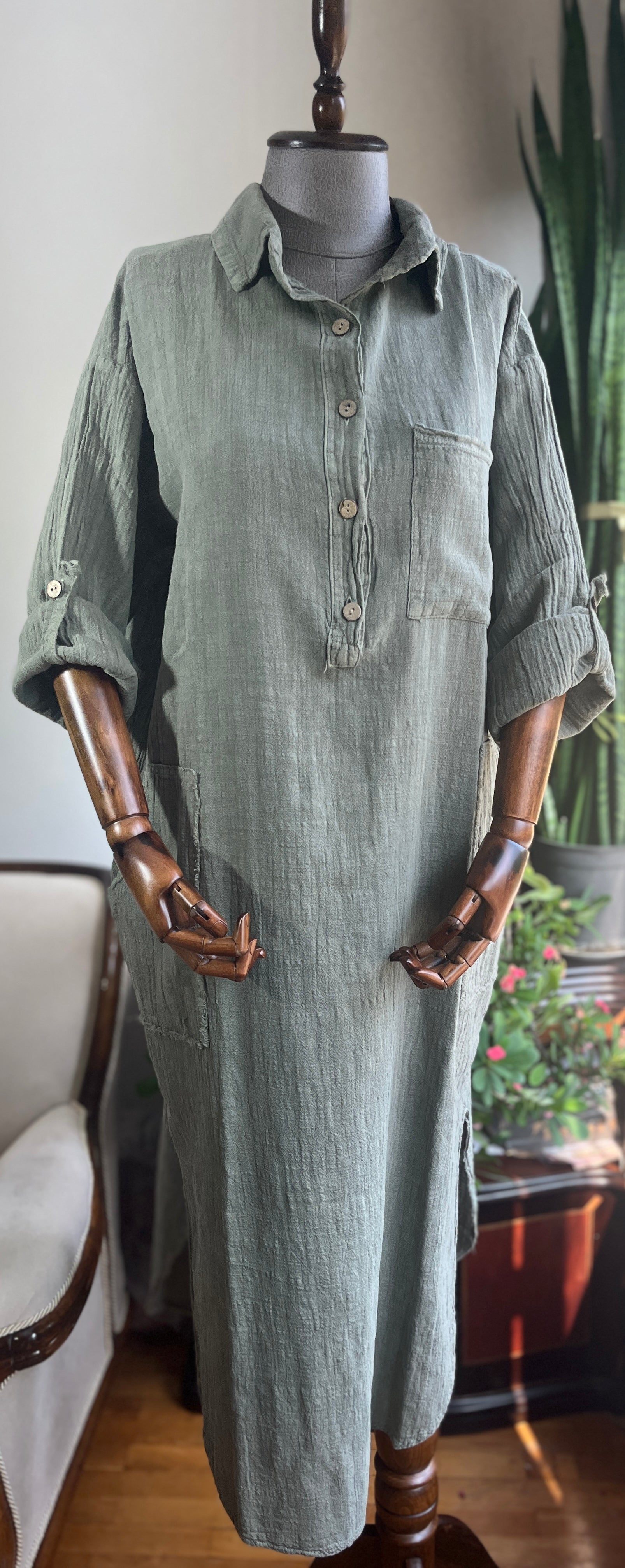 Bohemian Style Khaki 100% Cotton Linen Look Dress Standard Size, Flo puresunlady Bohemian Style Khaki 100% Cotton Linen Look Dress Standard Size, Flo puresunlady