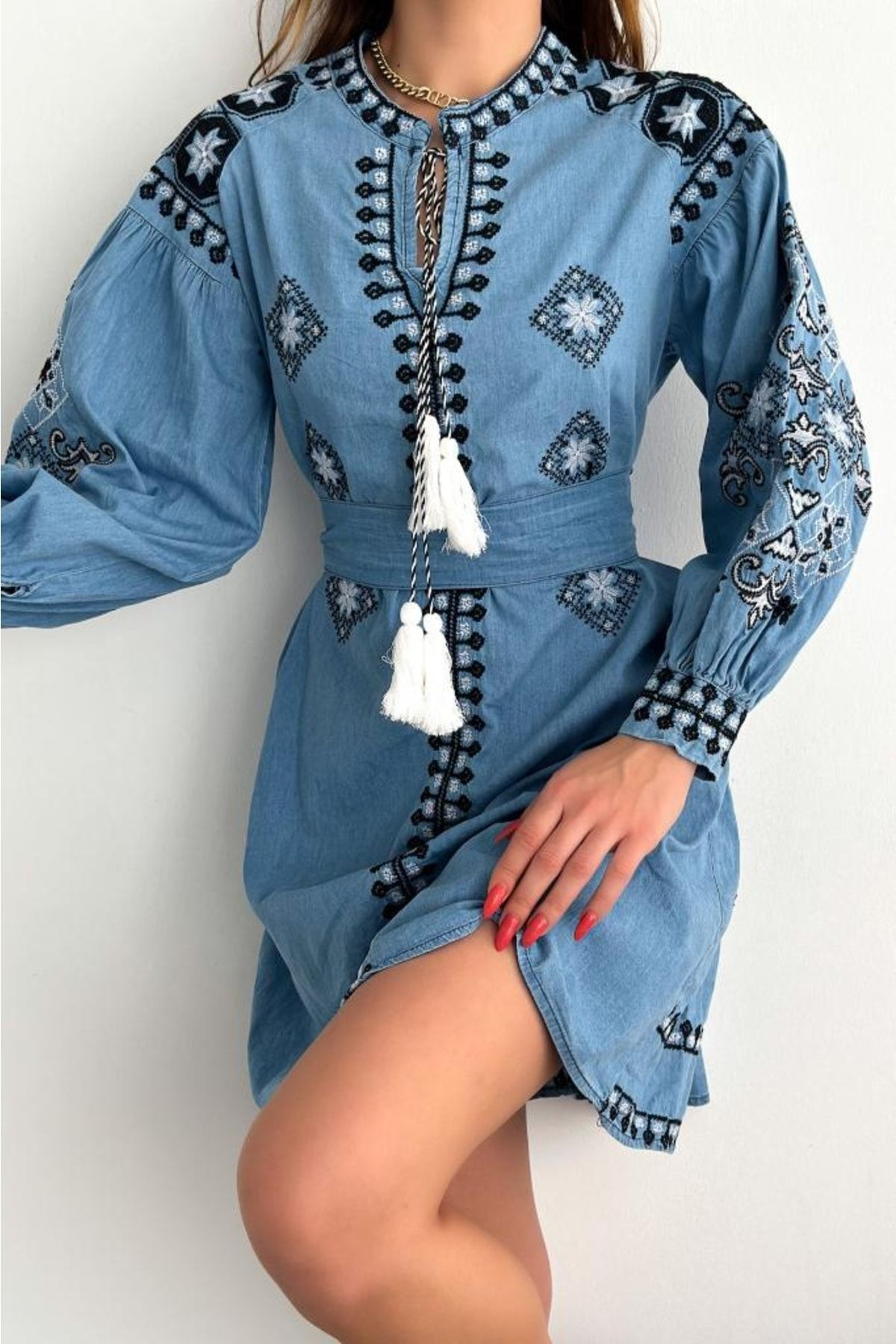 Waist Belted Ethnic Pattern Embroidered Denim Jeans Dress, Boho Denim puresunlady Waist Belted Ethnic Pattern Embroidered Denim Jeans Dress, Boho Denim puresunlady