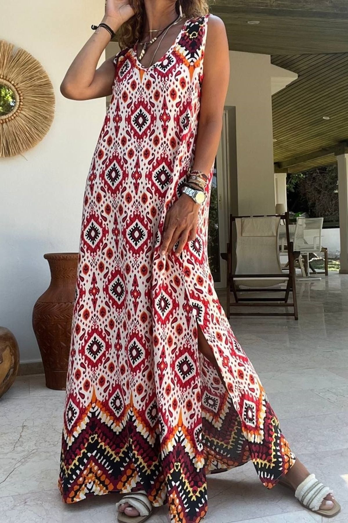 Women's V-Neck Maxi Dress with Long Slit Elegant Waterway-Inspired C puresunlady Women's V-Neck Maxi Dress with Long Slit Elegant Waterway-Inspired C puresunlady