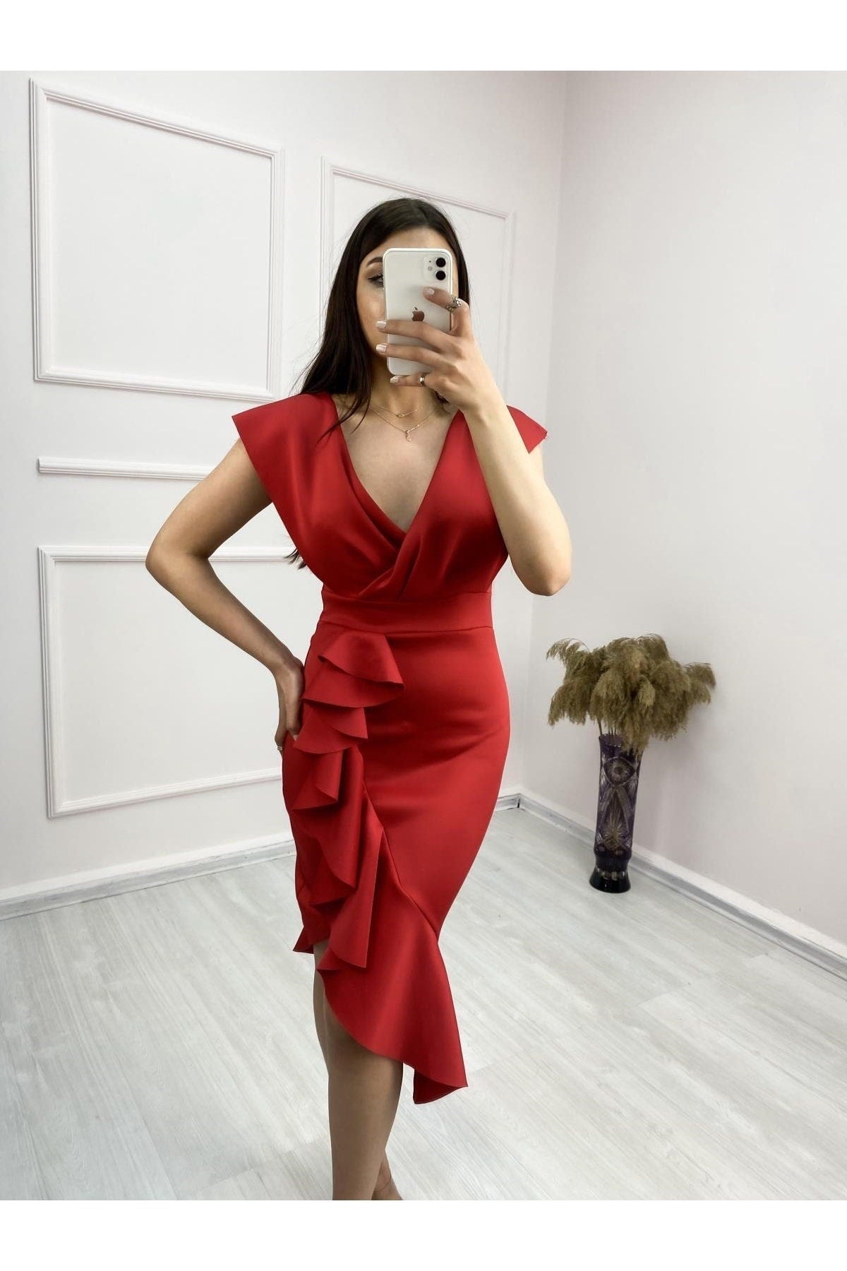 Wedding Dress, Scuba Fabric Front Ruffle Midi Length Dress, Guest Dres puresunlady Wedding Dress, Scuba Fabric Front Ruffle Midi Length Dress, Guest Dres puresunlady