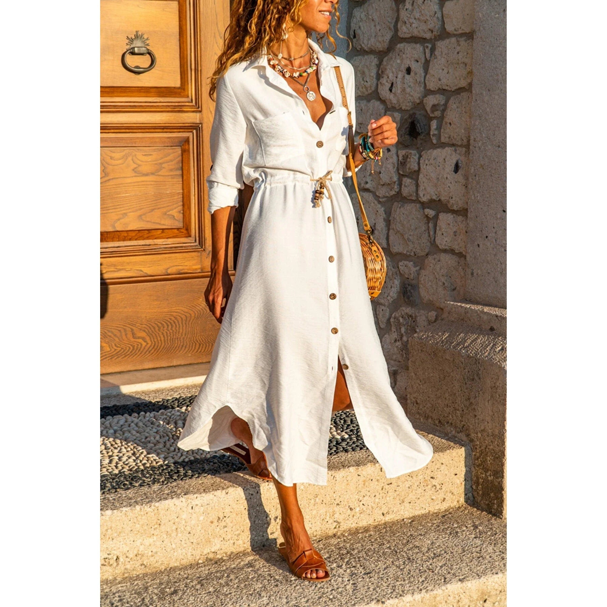 Linen Waist Pleated Straw Belt Vintage Shirt Dress,With Pocket Short S puresunlady Linen Waist Pleated Straw Belt Vintage Shirt Dress,With Pocket Short S puresunlady