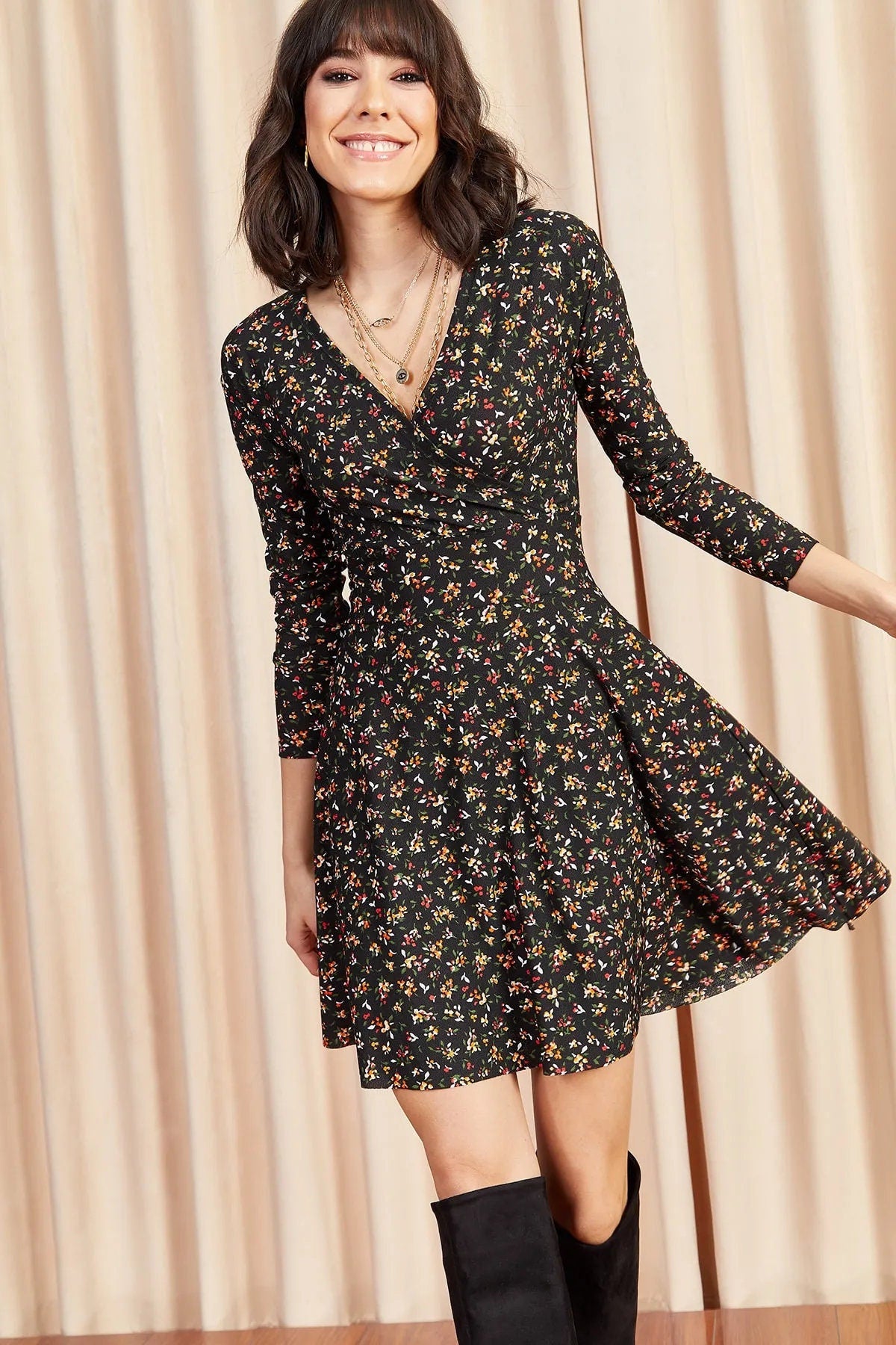Women's Black Double Breasted Floral Mini Dress,Relaxed Summer Dress, puresunlady Women's Black Double Breasted Floral Mini Dress,Relaxed Summer Dress, puresunlady