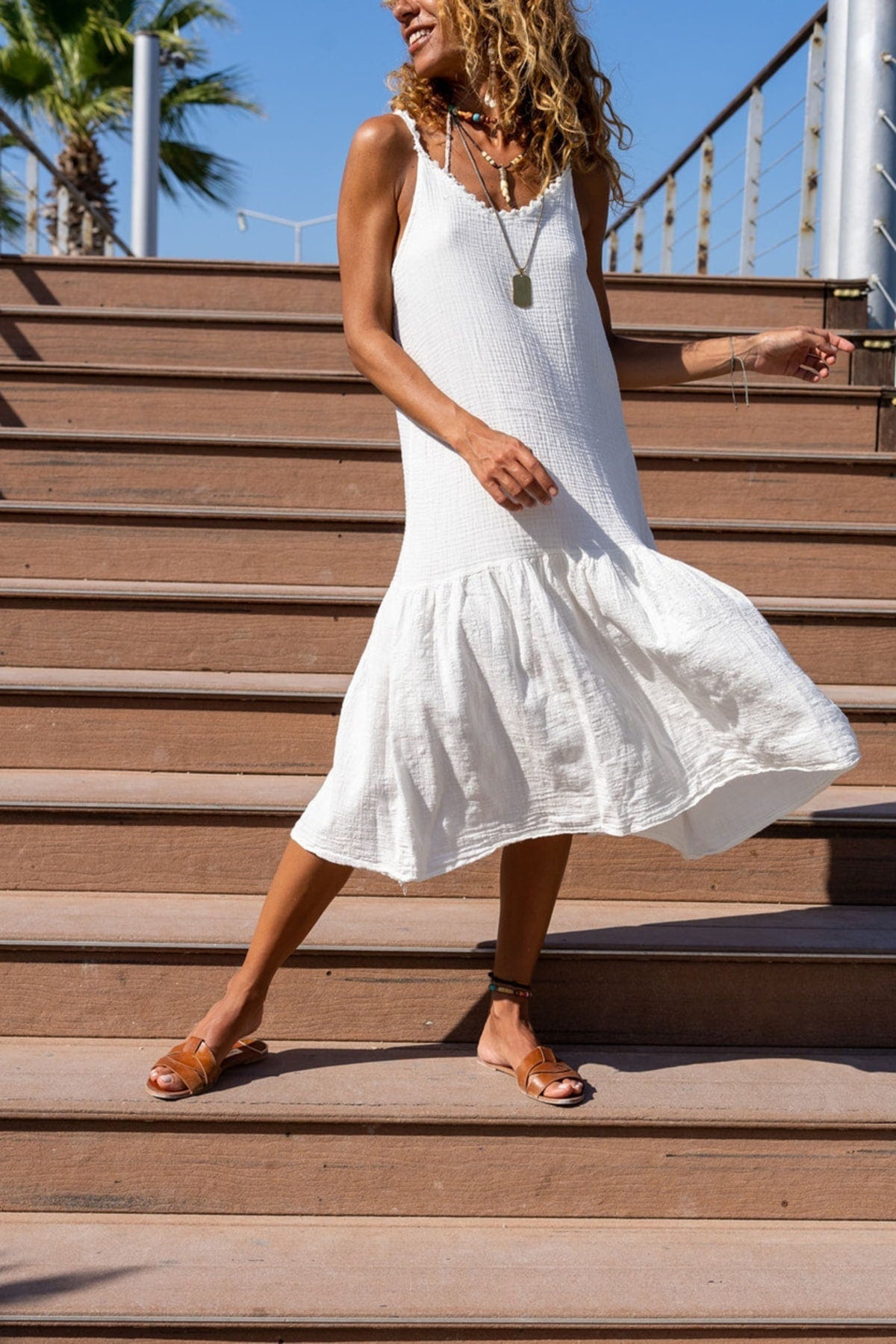 White Scalloped Halter Skirt Pleated Loose Linen Dress Boho Dress,Maxi puresunlady White Scalloped Halter Skirt Pleated Loose Linen Dress Boho Dress,Maxi puresunlady