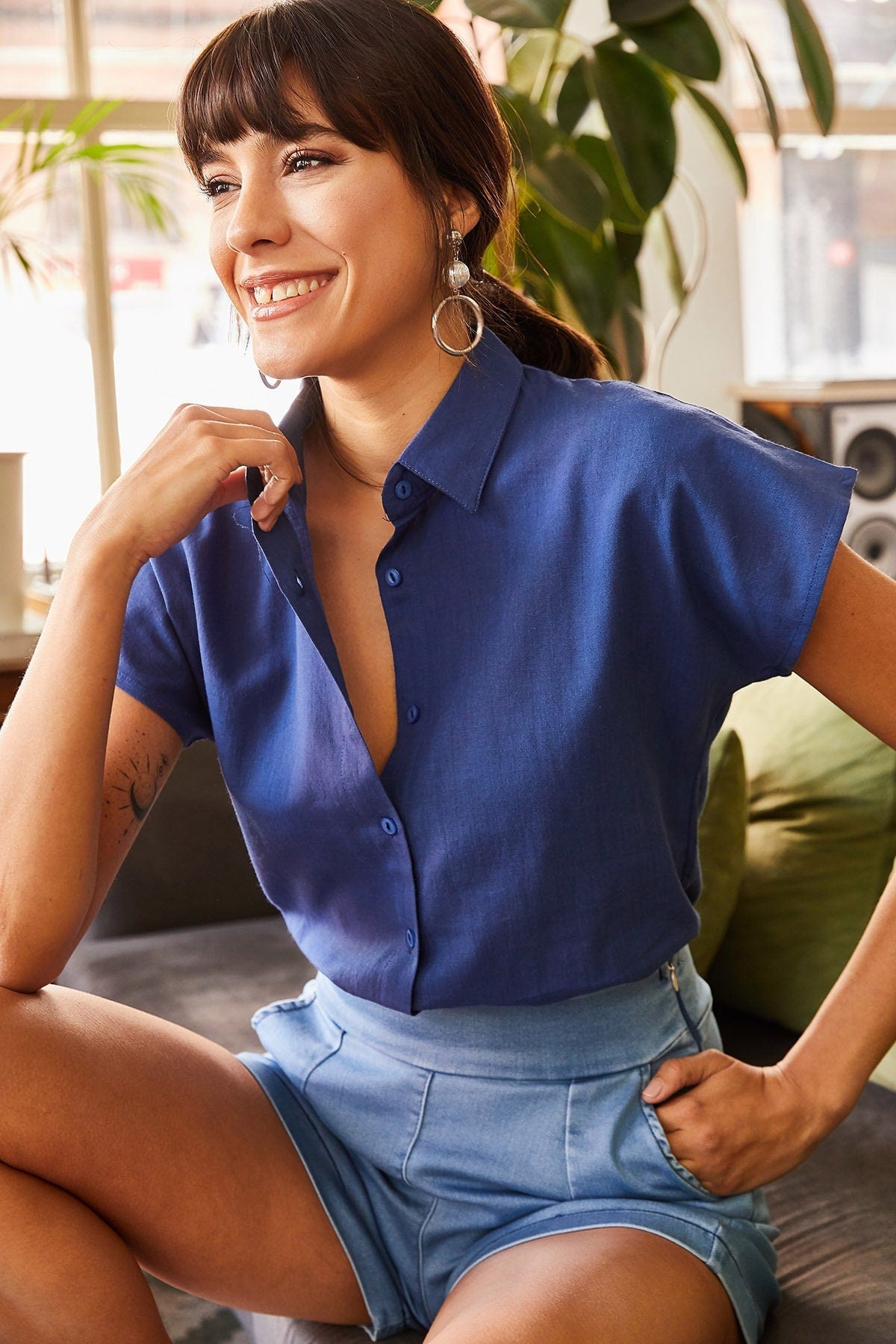 Royal Blue Linen Short Sleeve Woman Blouse,Vintage Linen Blouse,Minima puresunlady Royal Blue Linen Short Sleeve Woman Blouse,Vintage Linen Blouse,Minima puresunlady