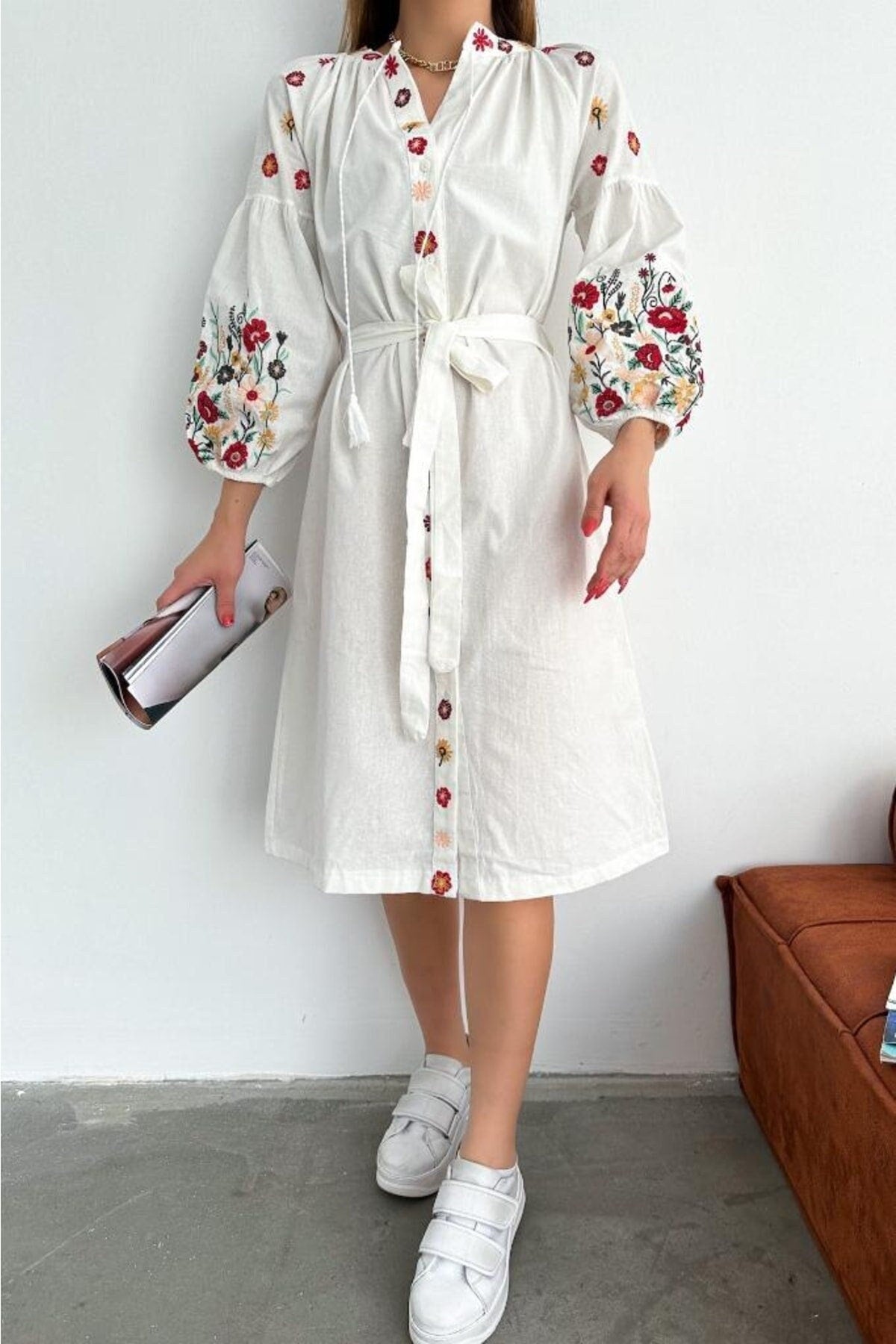 Floral Embroidered Waist Belted V Neck Dress, Vibrant Colors Casual Su – puresunlady