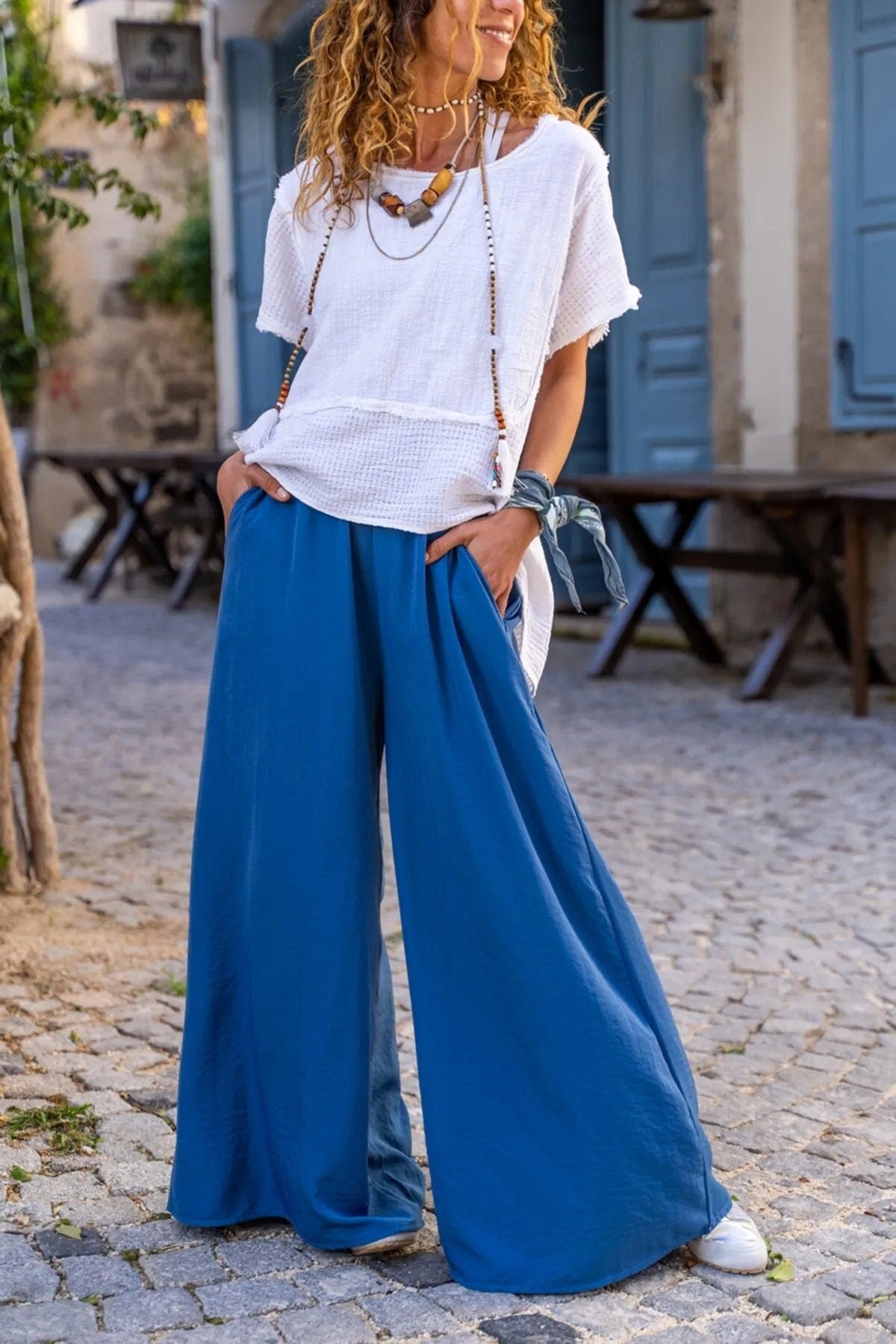 Wide Leg Soft Textured with Pockets Elastic Waist Loose Trousers,Linen – puresunlady Wide Leg Soft Textured with Pockets Elastic Waist Loose Trousers,Linen – puresunlady