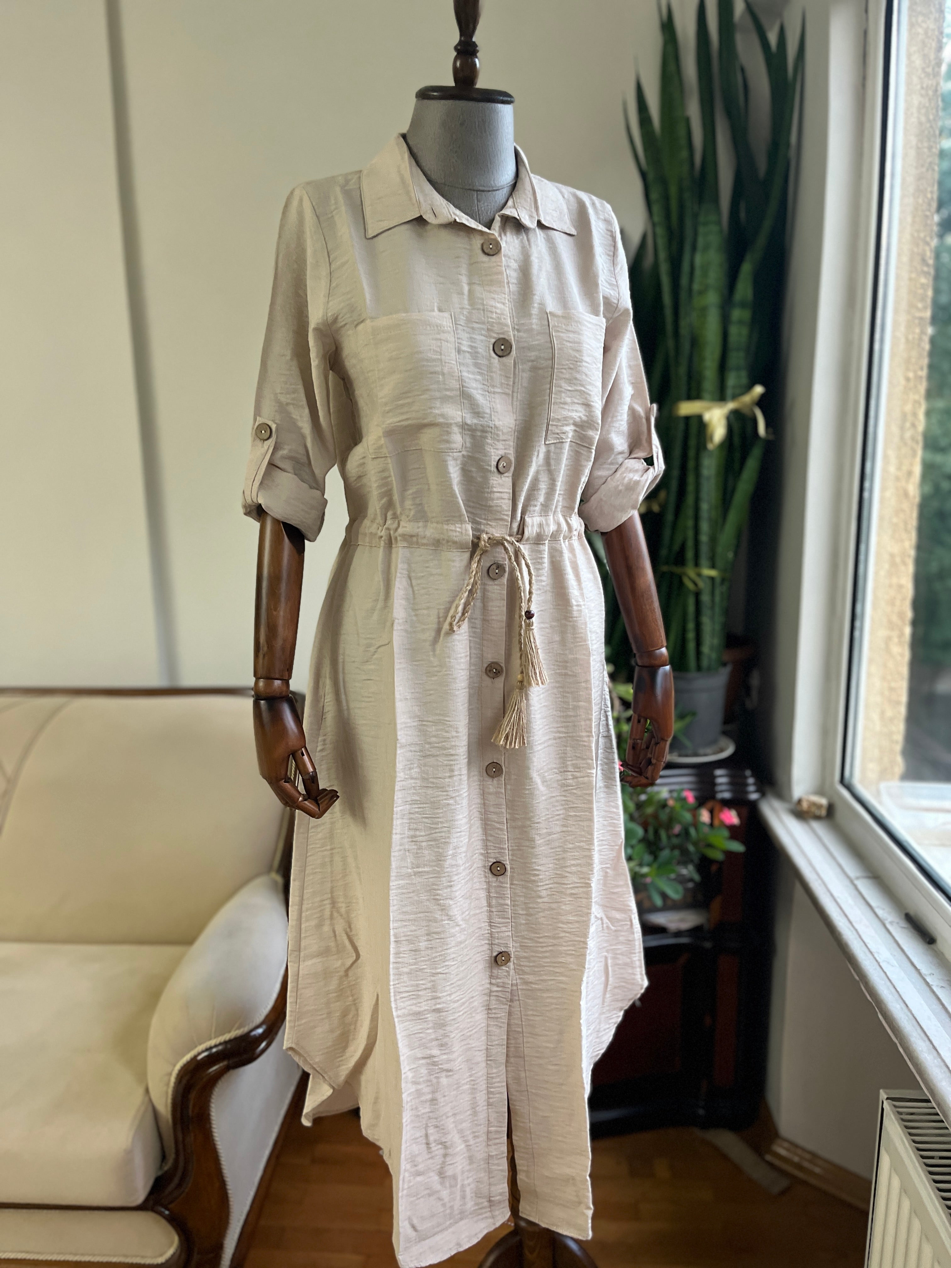 Women's Linen Look Polo Neck Long Sleeve Vintage Shirt Dress Women's Linen Look Polo Neck Long Sleeve Vintage Shirt Dress
