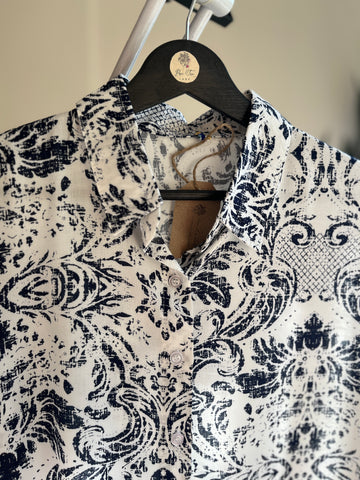 Women's Stylish Patterned Navy Blue Viscose Shirt – Elegant Long Sleeve Button-Up Blouse, Soft & Lightweight Casual Chic Top for Effortless Sophistication