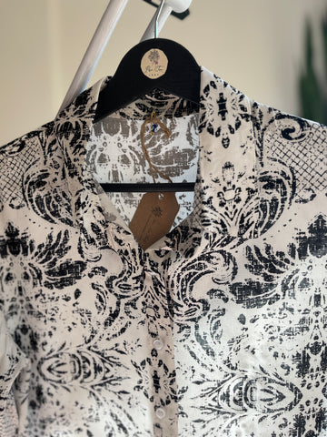 Women's Stylish Patterned Navy Blue Viscose Shirt – Elegant Long Sleeve Button-Up Blouse, Soft & Lightweight Casual Chic Top for Effortless Sophistication