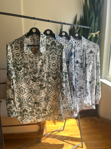 Women's Stylish Patterned Navy Blue Viscose Shirt – Elegant Long Sleeve Button-Up Blouse, Soft & Lightweight Casual Chic Top for Effortless Sophistication