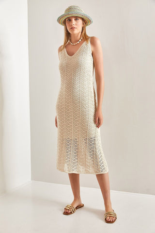 Women's Strappy Openwork Summer Knit Dress – Lightweight Lined Acrylic Beach Dress, Boho Chic Breathable Vacation Outfit, Trendy Sleeveless Resort Wear for Effortless Style