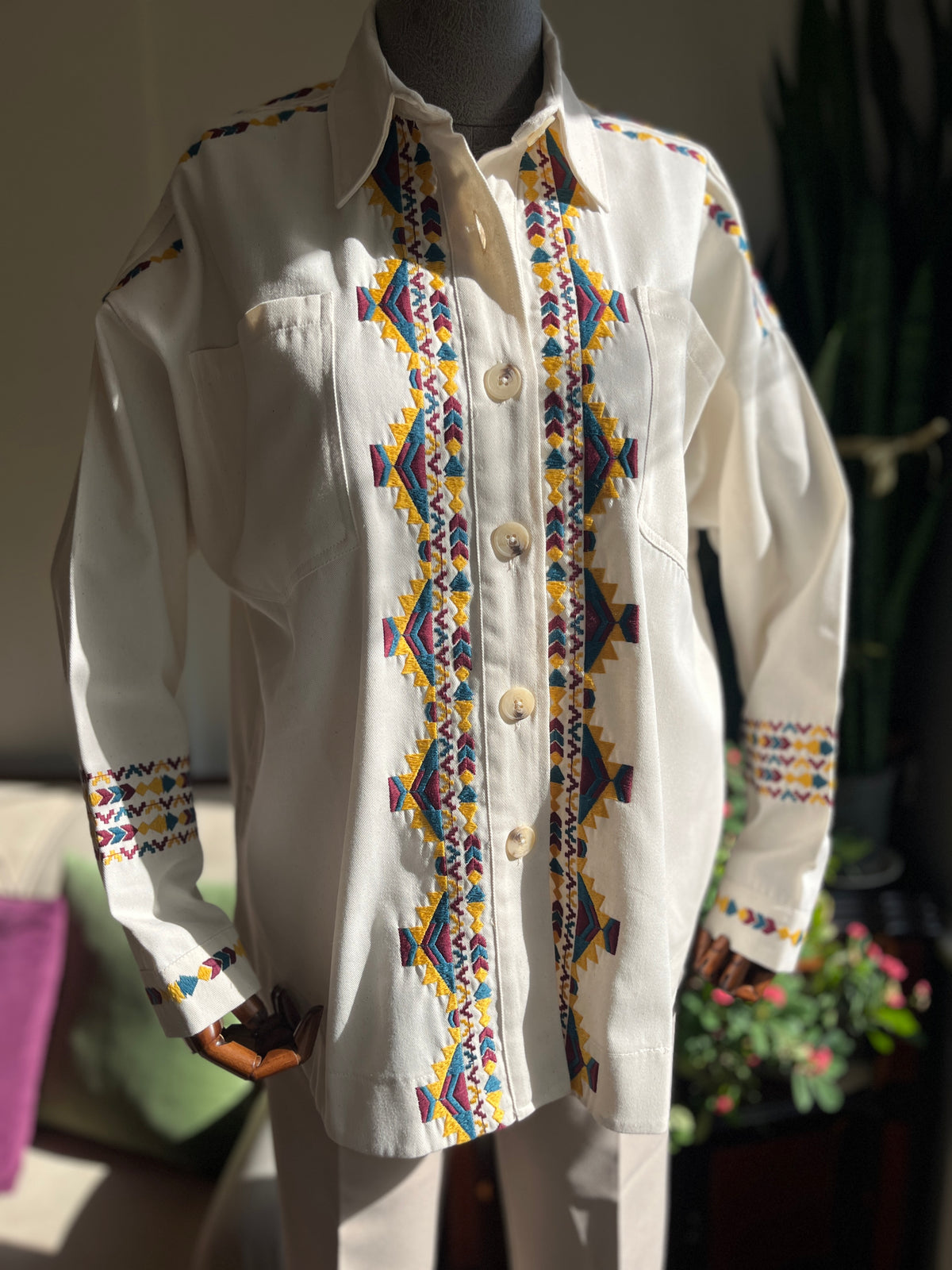 White Ethnic Pattern Oversized Shirt Jacket with Pockets - Stylish & Comfortable Button-Up Jacket