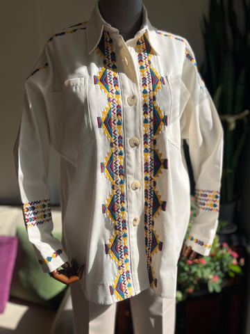 White Ethnic Pattern Oversized Shirt Jacket with Pockets - Stylish & Comfortable Button-Up Jacket