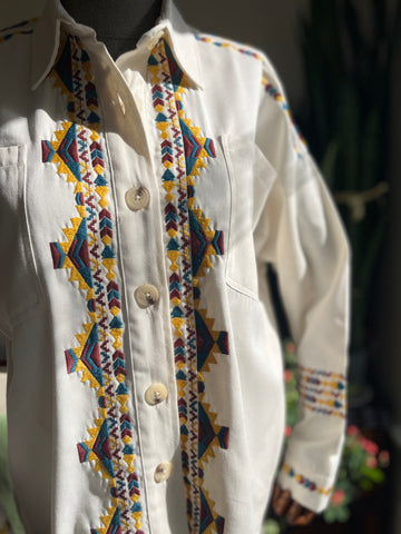 White Ethnic Pattern Oversized Shirt Jacket with Pockets - Stylish & Comfortable Button-Up Jacket