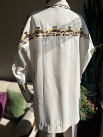 White Ethnic Pattern Oversized Shirt Jacket with Pockets - Stylish & Comfortable Button-Up Jacket