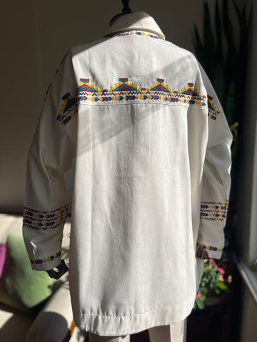 White Ethnic Pattern Oversized Shirt Jacket with Pockets - Stylish & Comfortable Button-Up Jacket