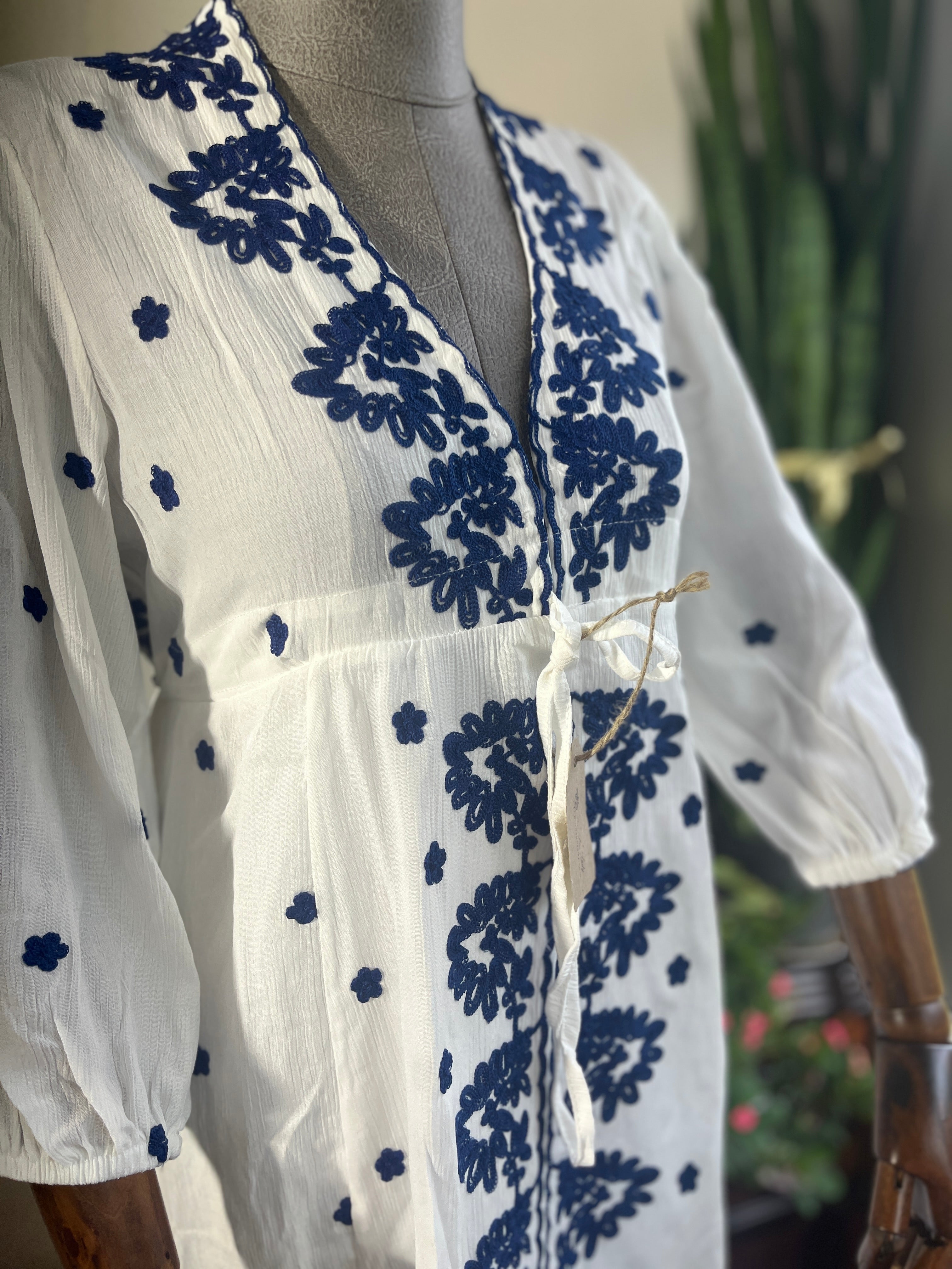 Women's White & Navy Blue Embroidered Maxi Dress Elastic Waist, Adju puresunlady Women's White & Navy Blue Embroidered Maxi Dress Elastic Waist, Adju puresunlady