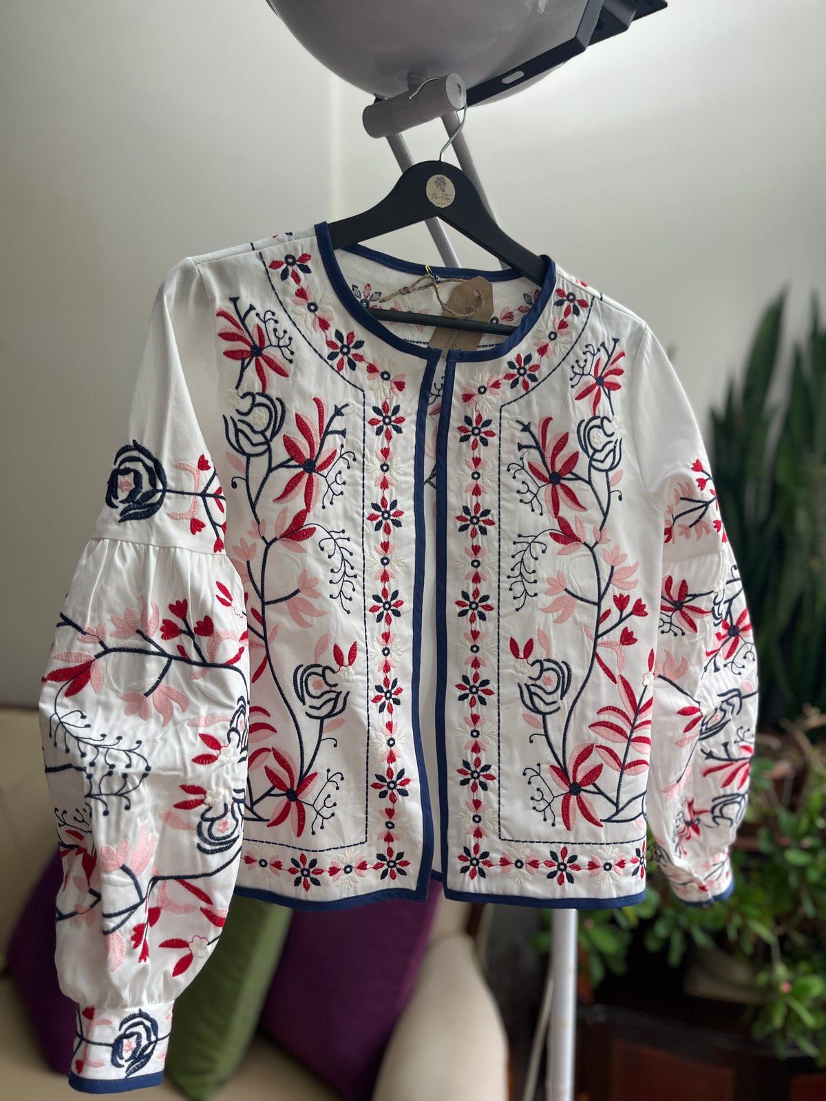 Women's Blue Red Floral Embroidered Ethnic Jacket with Balloon Sleeves | Unique Boho Style