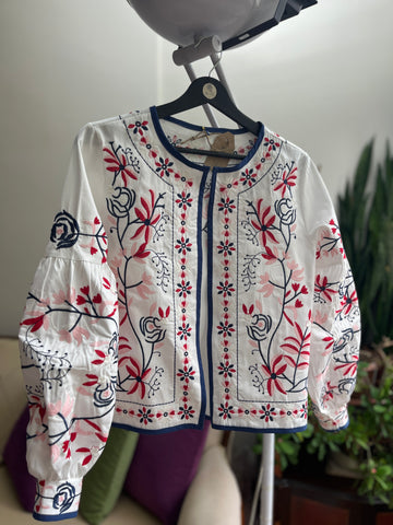 Women's Blue Red Floral Embroidered Ethnic Jacket with Balloon Sleeves | Unique Boho Style