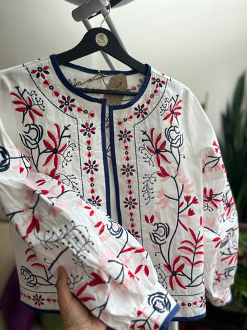 Women's Blue Red Floral Embroidered Ethnic Jacket with Balloon Sleeves | Unique Boho Style