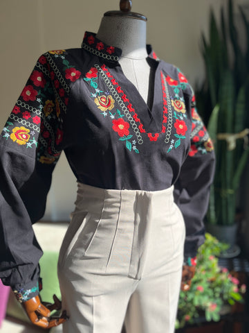 Black Floral Embroidered V-Neck Oversized Blouse | Long Sleeve Stylish Cufflink Blouse for Women
