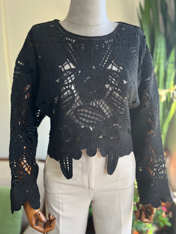 Elegant Crocheted Lace Blouse – Standard Size, Boho Chic Women's Top