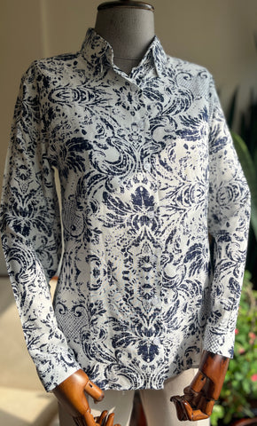 Women's Stylish Patterned Navy Blue Viscose Shirt – Elegant Long Sleeve Button-Up Blouse, Soft & Lightweight Casual Chic Top for Effortless Sophistication