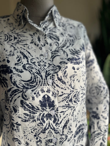 Women's Stylish Patterned Navy Blue Viscose Shirt – Elegant Long Sleeve Button-Up Blouse, Soft & Lightweight Casual Chic Top for Effortless Sophistication