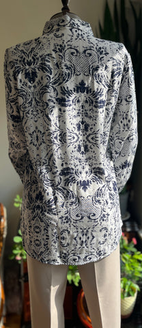 Women's Stylish Patterned Navy Blue Viscose Shirt – Elegant Long Sleeve Button-Up Blouse, Soft & Lightweight Casual Chic Top for Effortless Sophistication