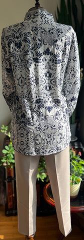 Women's Stylish Patterned Navy Blue Viscose Shirt – Elegant Long Sleeve Button-Up Blouse, Soft & Lightweight Casual Chic Top for Effortless Sophistication