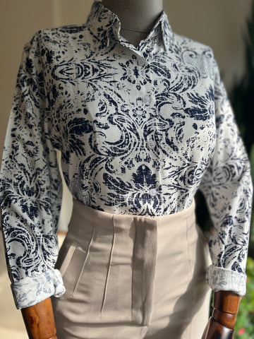 Women's Stylish Patterned Navy Blue Viscose Shirt – Elegant Long Sleeve Button-Up Blouse, Soft & Lightweight Casual Chic Top for Effortless Sophistication