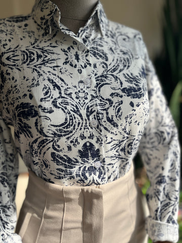 Women's Stylish Patterned Navy Blue Viscose Shirt – Elegant Long Sleeve Button-Up Blouse, Soft & Lightweight Casual Chic Top for Effortless Sophistication