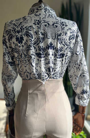 Women's Stylish Patterned Navy Blue Viscose Shirt – Elegant Long Sleeve Button-Up Blouse, Soft & Lightweight Casual Chic Top for Effortless Sophistication