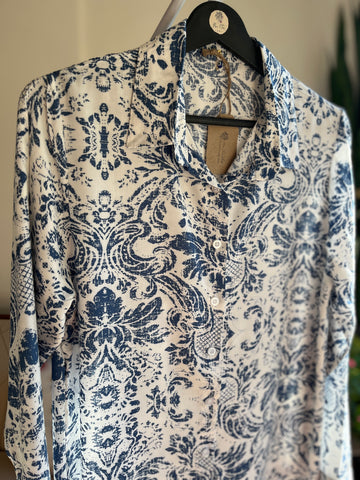 Women's Stylish Patterned Navy Blue Viscose Shirt – Elegant Long Sleeve Button-Up Blouse, Soft & Lightweight Casual Chic Top for Effortless Sophistication