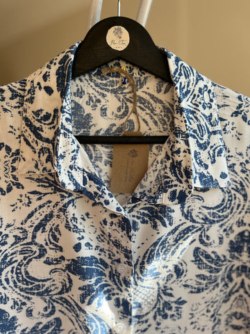 Women's Stylish Patterned Navy Blue Viscose Shirt – Elegant Long Sleeve Button-Up Blouse, Soft & Lightweight Casual Chic Top for Effortless Sophistication
