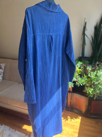 Women's Bohemian Style Long Sleeve Collared Dress, 100% Cotton Linen Look, Standard Size