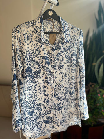 Women's Stylish Patterned Navy Blue Viscose Shirt – Elegant Long Sleeve Button-Up Blouse, Soft & Lightweight Casual Chic Top for Effortless Sophistication