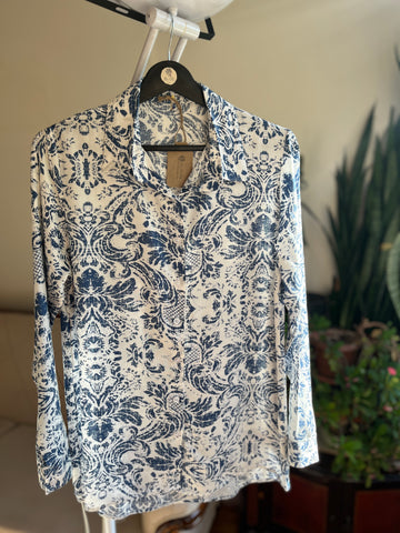 Women's Stylish Patterned Navy Blue Viscose Shirt – Elegant Long Sleeve Button-Up Blouse, Soft & Lightweight Casual Chic Top for Effortless Sophistication