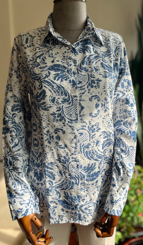Women's Stylish Patterned Navy Blue Viscose Shirt – Elegant Long Sleeve Button-Up Blouse, Soft & Lightweight Casual Chic Top for Effortless Sophistication