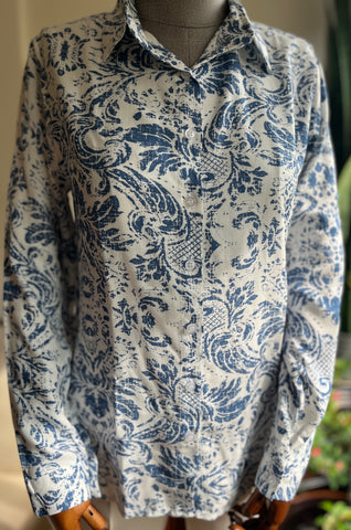 Women's Stylish Patterned Navy Blue Viscose Shirt – Elegant Long Sleeve Button-Up Blouse, Soft & Lightweight Casual Chic Top for Effortless Sophistication