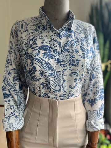 Women's Stylish Patterned Navy Blue Viscose Shirt – Elegant Long Sleeve Button-Up Blouse, Soft & Lightweight Casual Chic Top for Effortless Sophistication