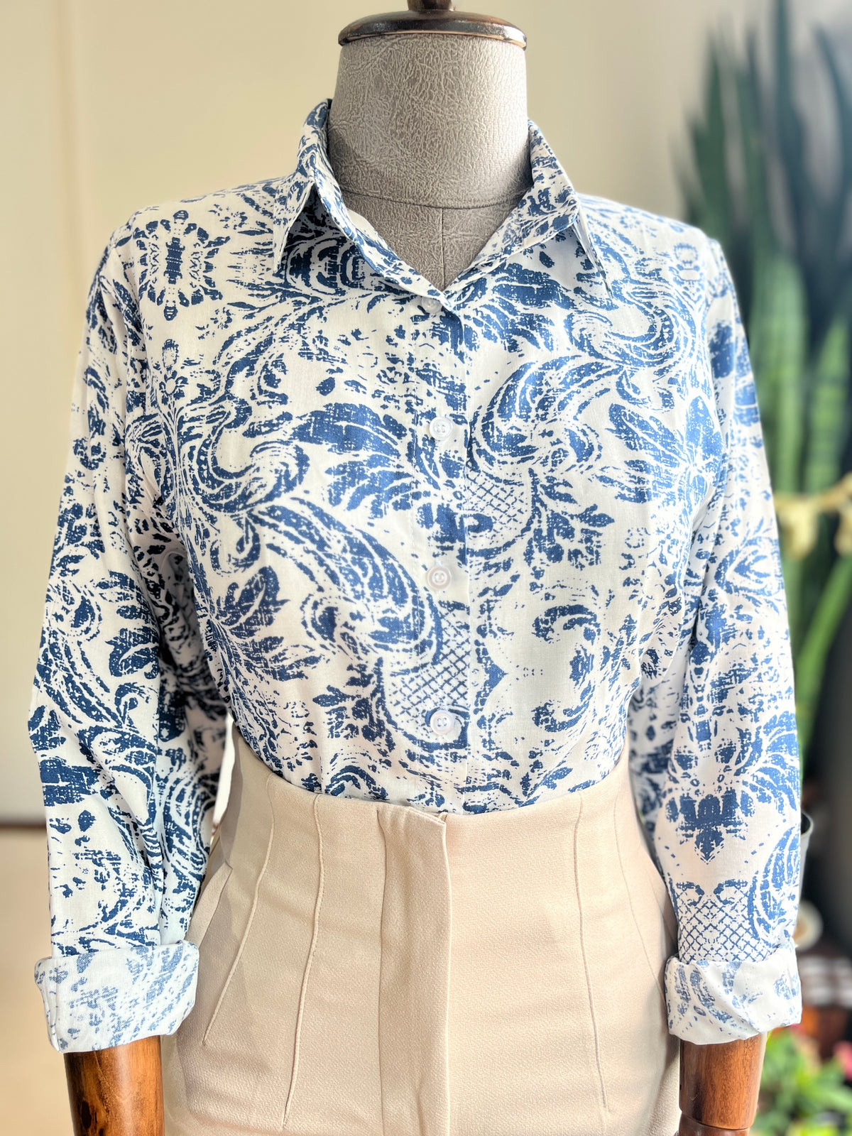 Women's Stylish Patterned Navy Blue Viscose Shirt – Elegant Long Sleeve Button-Up Blouse, Soft & Lightweight Casual Chic Top for Effortless Sophistication