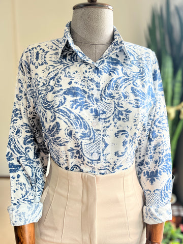 Women's Stylish Patterned Navy Blue Viscose Shirt – Elegant Long Sleeve Button-Up Blouse, Soft & Lightweight Casual Chic Top for Effortless Sophistication