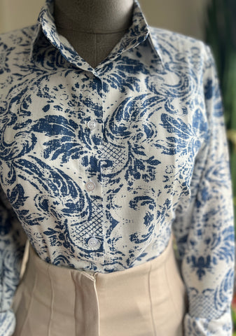 Women's Stylish Patterned Navy Blue Viscose Shirt – Elegant Long Sleeve Button-Up Blouse, Soft & Lightweight Casual Chic Top for Effortless Sophistication