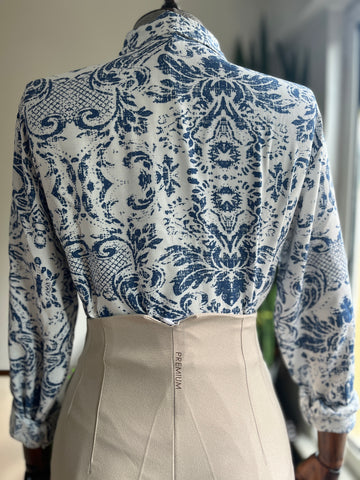 Women's Stylish Patterned Navy Blue Viscose Shirt – Elegant Long Sleeve Button-Up Blouse, Soft & Lightweight Casual Chic Top for Effortless Sophistication