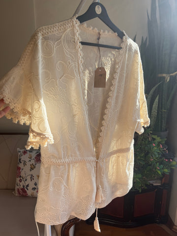 Romantic Floral Embroidered Beige Blouse with Rope Tie and Tassels - Perfect for Any Occasion
