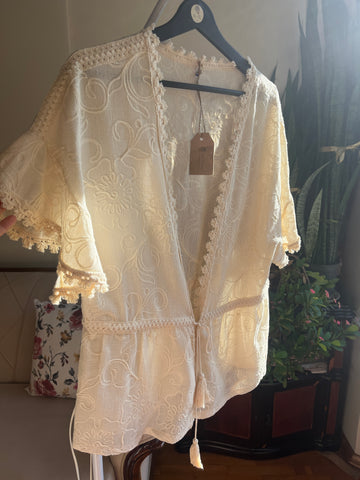 Romantic Floral Embroidered Beige Blouse with Rope Tie and Tassels - Perfect for Any Occasion