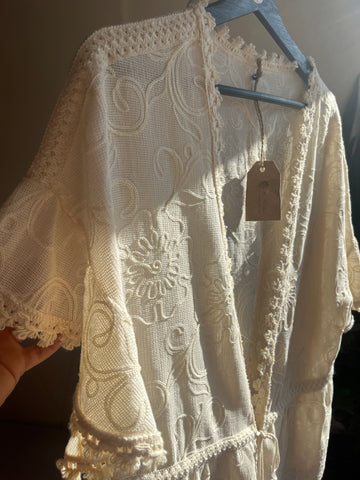 Romantic Floral Embroidered Beige Blouse with Rope Tie and Tassels - Perfect for Any Occasion