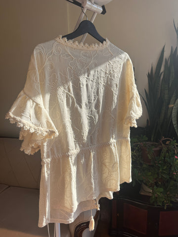 Romantic Floral Embroidered Beige Blouse with Rope Tie and Tassels - Perfect for Any Occasion