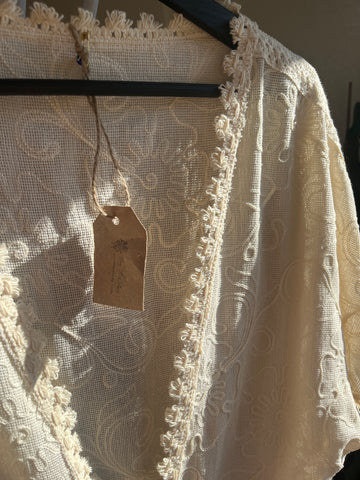 Romantic Floral Embroidered Beige Blouse with Rope Tie and Tassels - Perfect for Any Occasion